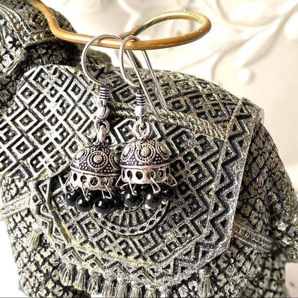 Black Onyx S925 Jhumki Earrings in Bell Umbrella shape hand crafted by Artisans - Picture 3 of 4